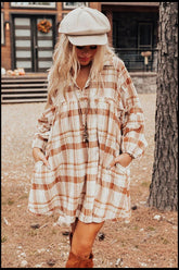 Plaid Collared Neck Long Sleeve Mini Shirt Dress OutfitFlow